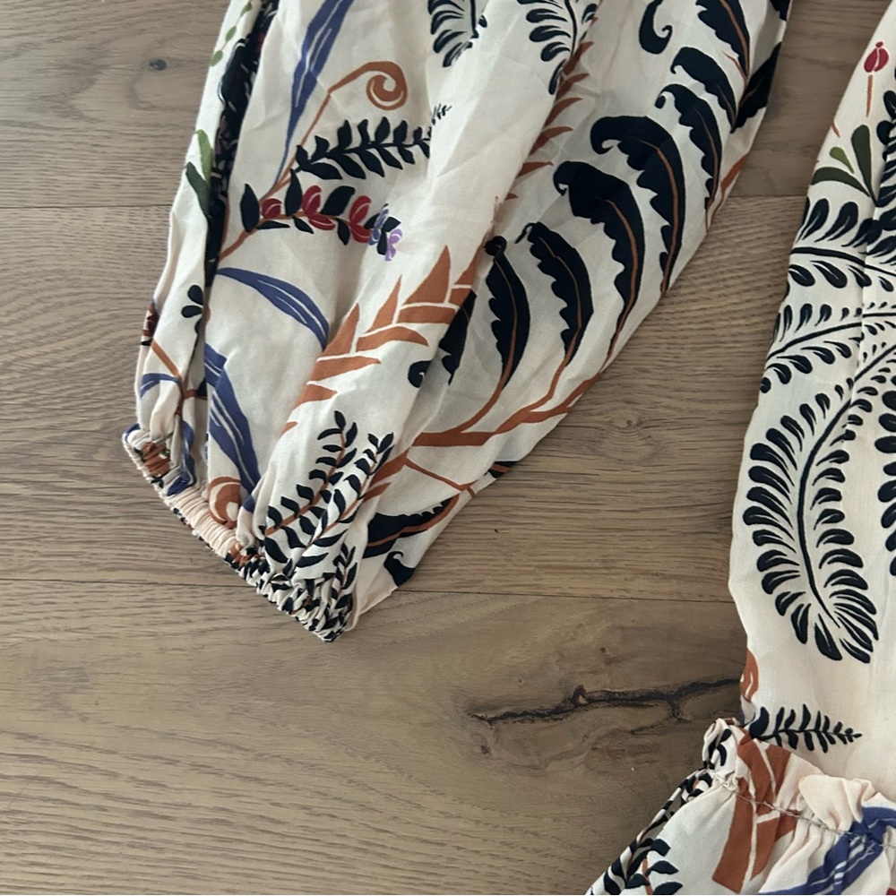 FARM RIO Nature Mini Dress Romantic Bead Belt Maximalist Puff Beige Size Medium - Picture 9 of 16